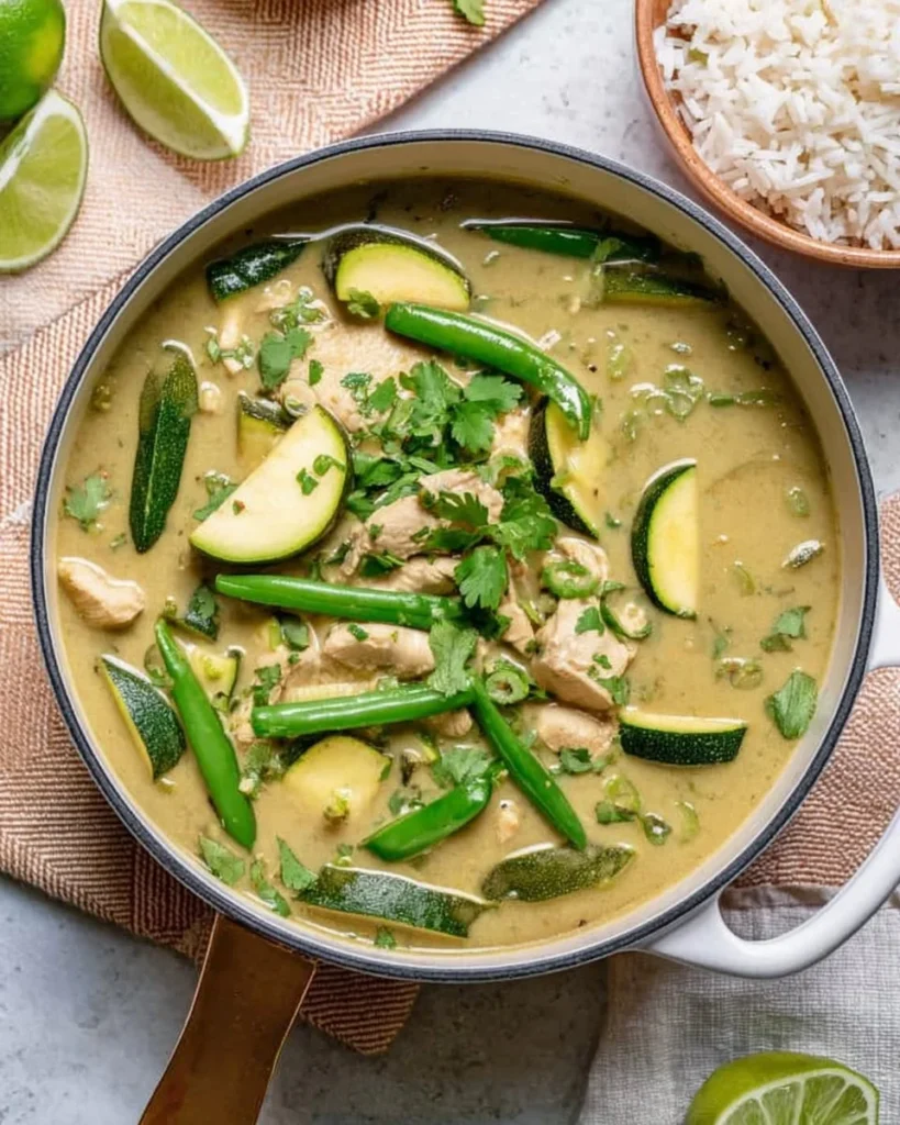 Delicious Thai Green Chicken Curry served in a bowl with fresh herbs