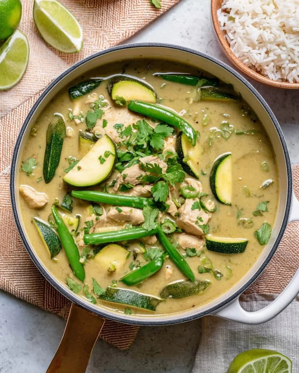 Delicious Thai Green Chicken Curry served in a bowl with fresh herbs