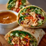 Thai Peanut Chicken Wraps garnished with fresh vegetables and peanut sauce
