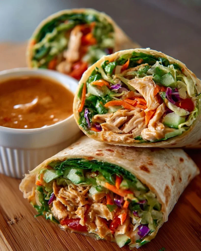 Thai Peanut Chicken Wraps garnished with fresh vegetables and peanut sauce