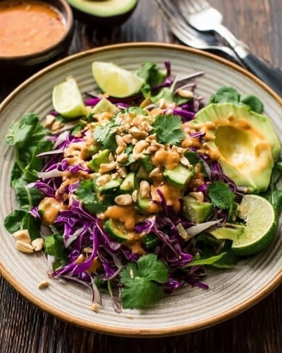 Delicious and colorful Thai salad with fresh vegetables and herbs