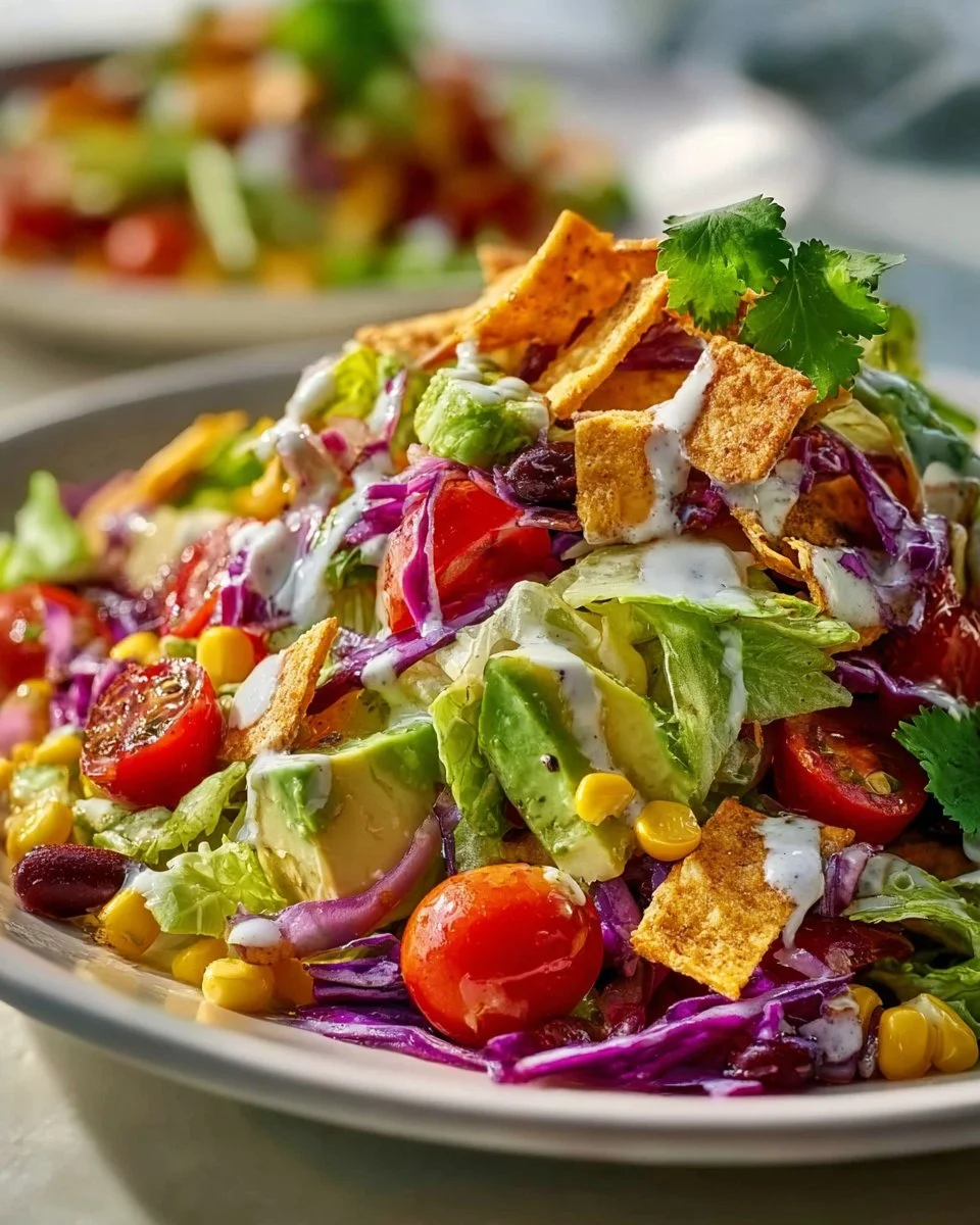 Colorful and fresh chop salad with various vegetables and dressing