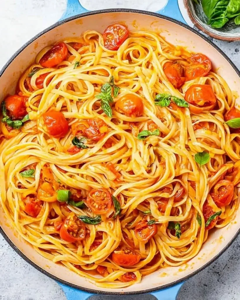Delicious serving of tomato basil pasta with fresh herbs and ingredients