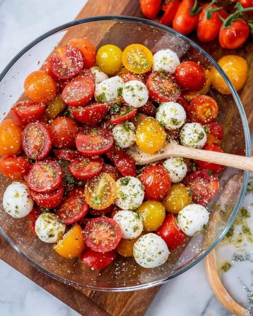 Fresh Tomato Mozzarella Salad with basil and drizzled olive oil