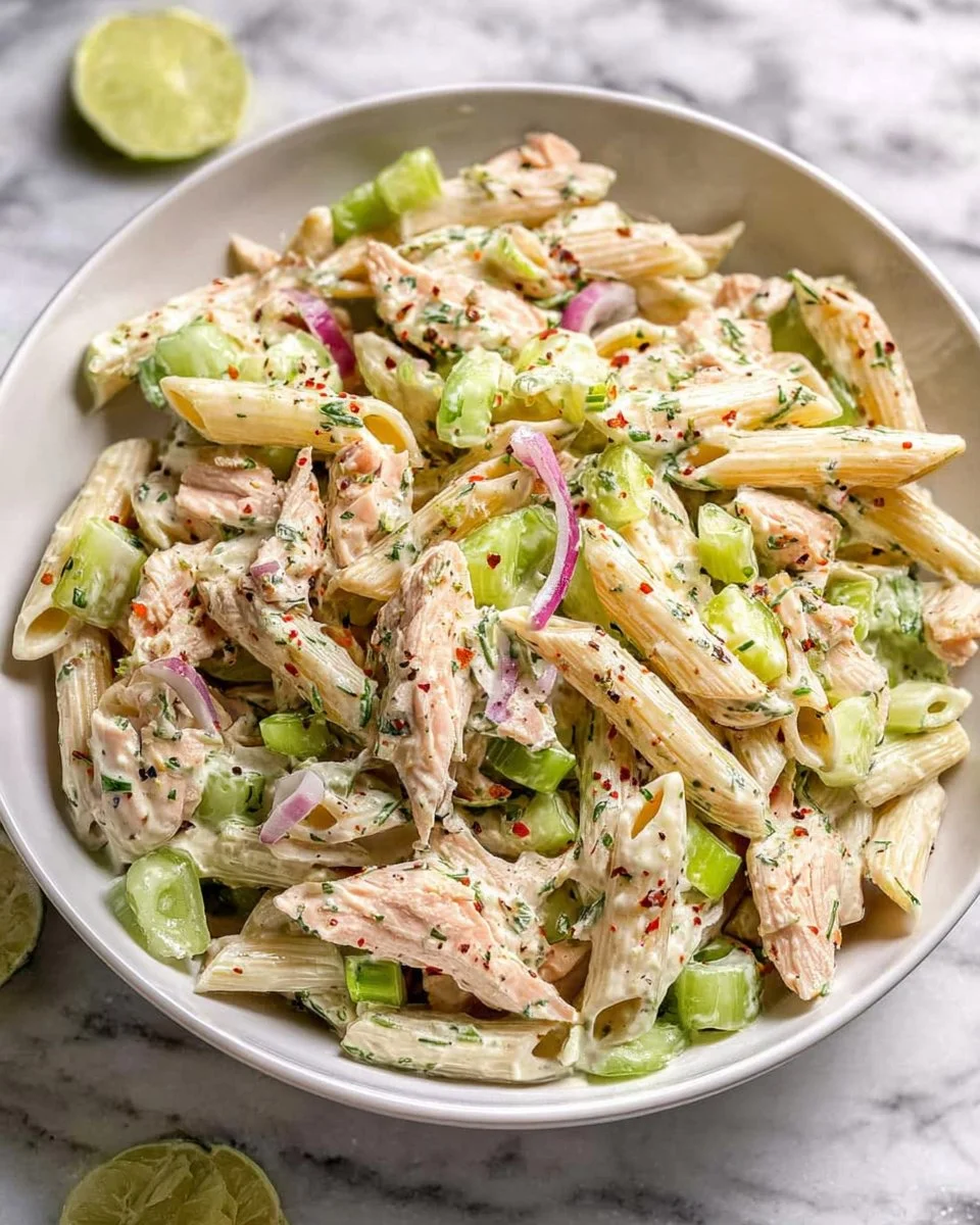 Bowl of Tuna Pasta Salad with colorful vegetables and pasta