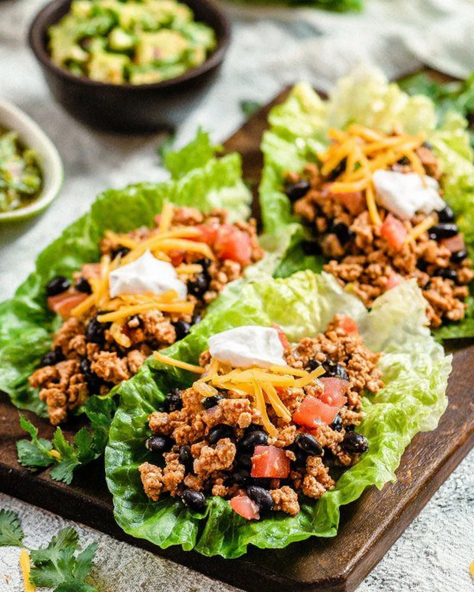 Turkey taco lettuce wraps with fresh vegetables and spices