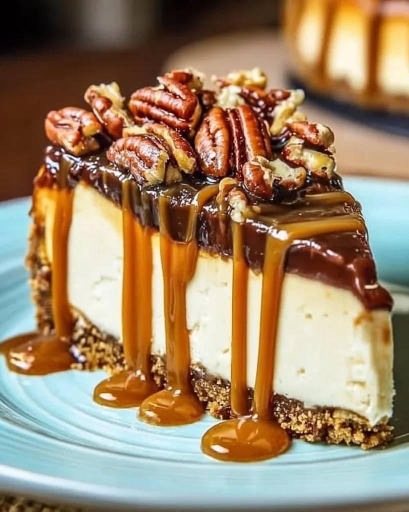 Delicious Turtle Cheesecake with chocolate and caramel topping