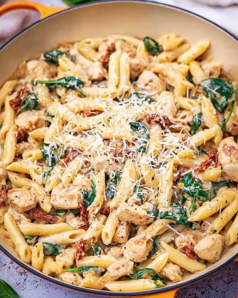 Delicious Tuscan Chicken Pasta served in a bowl with fresh basil and parmesan.