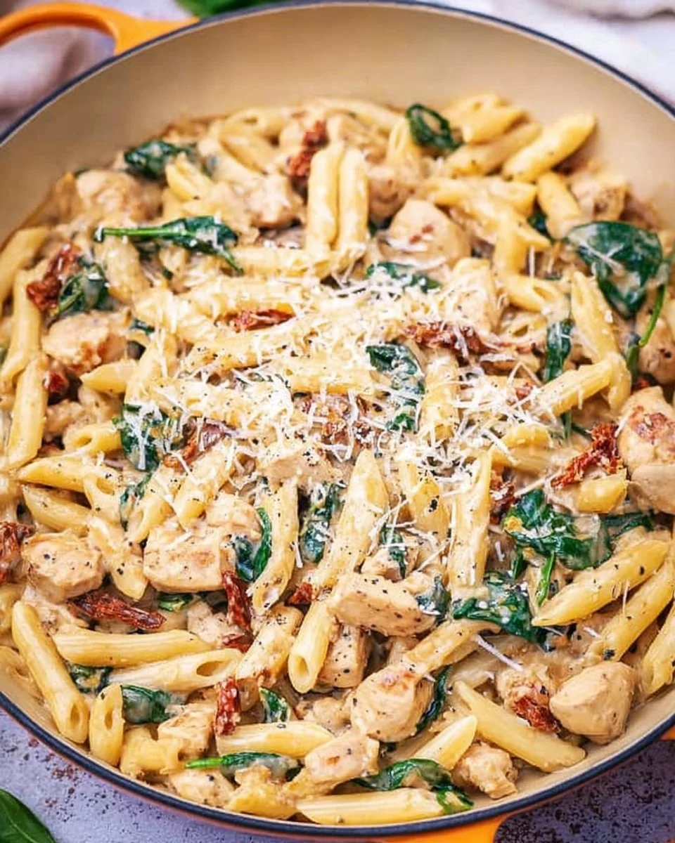 Delicious Tuscan Chicken Pasta served in a bowl with fresh basil and parmesan.