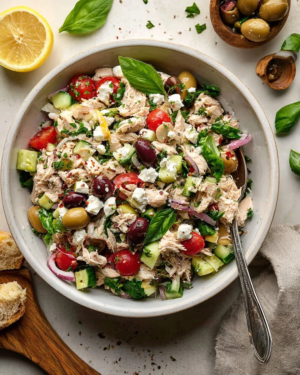 A bowl of Tuscan Tuna Salad with fresh vegetables and herbs