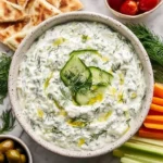 Bowl of delicious homemade Tzatziki Sauce with cucumbers and herbs