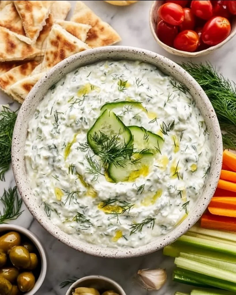 Bowl of delicious homemade Tzatziki Sauce with cucumbers and herbs