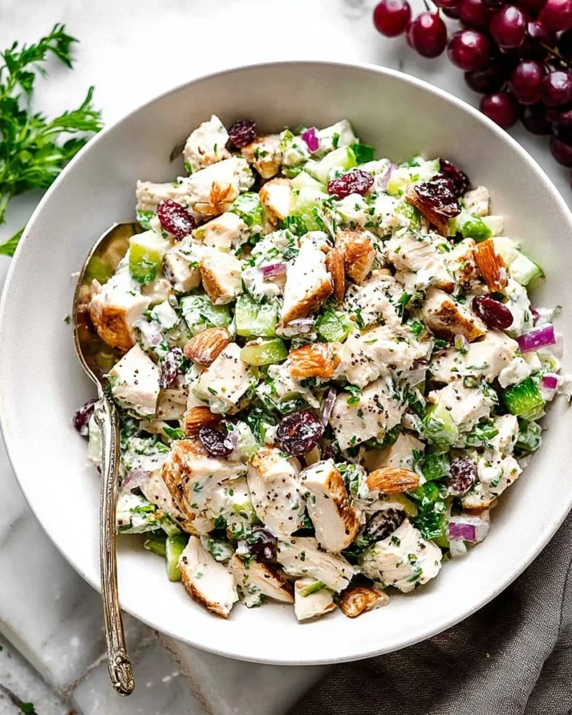 Bowl of Ultimate Chicken Salad with fresh vegetables and herbs