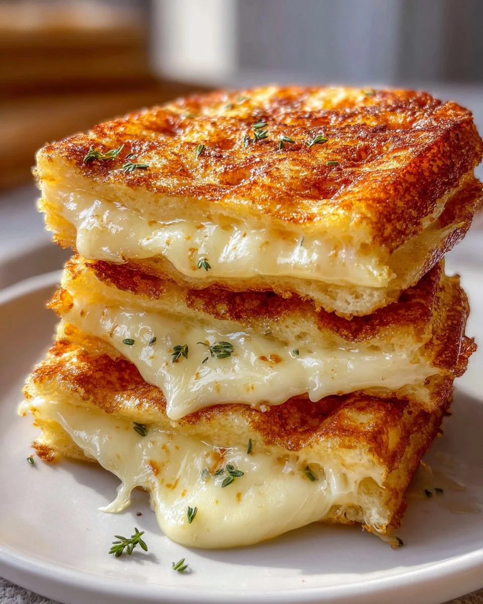 Ultimate grilled cheese chaffle served on a plate with melted cheese oozing out