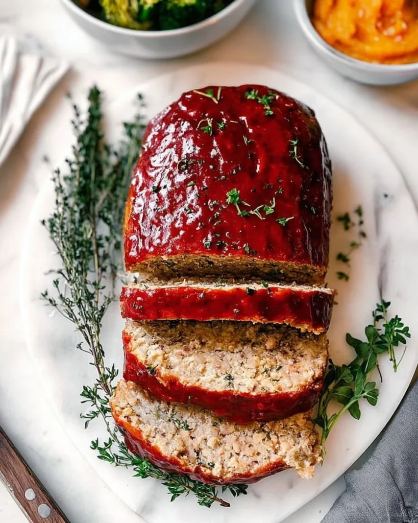 Ultimate turkey meatloaf recipe served on a plate with vegetables.