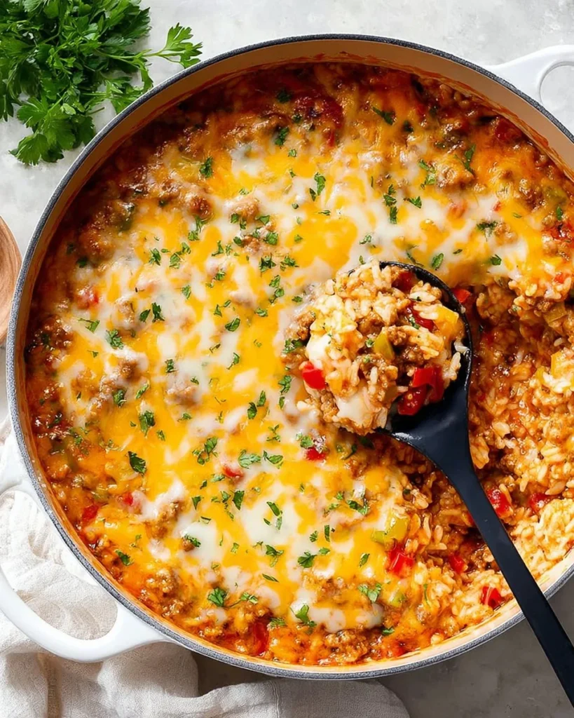 A plate of colorful and hearty unstuffed peppers with rice and vegetables