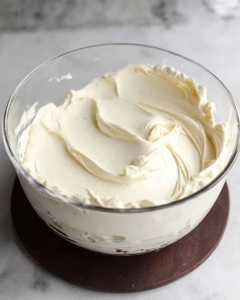 Delicious Vanilla Whipped Ganache Frosting on a chocolate cake