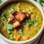 A bowl of hearty Vegan Split Pea Soup garnished with herbs.