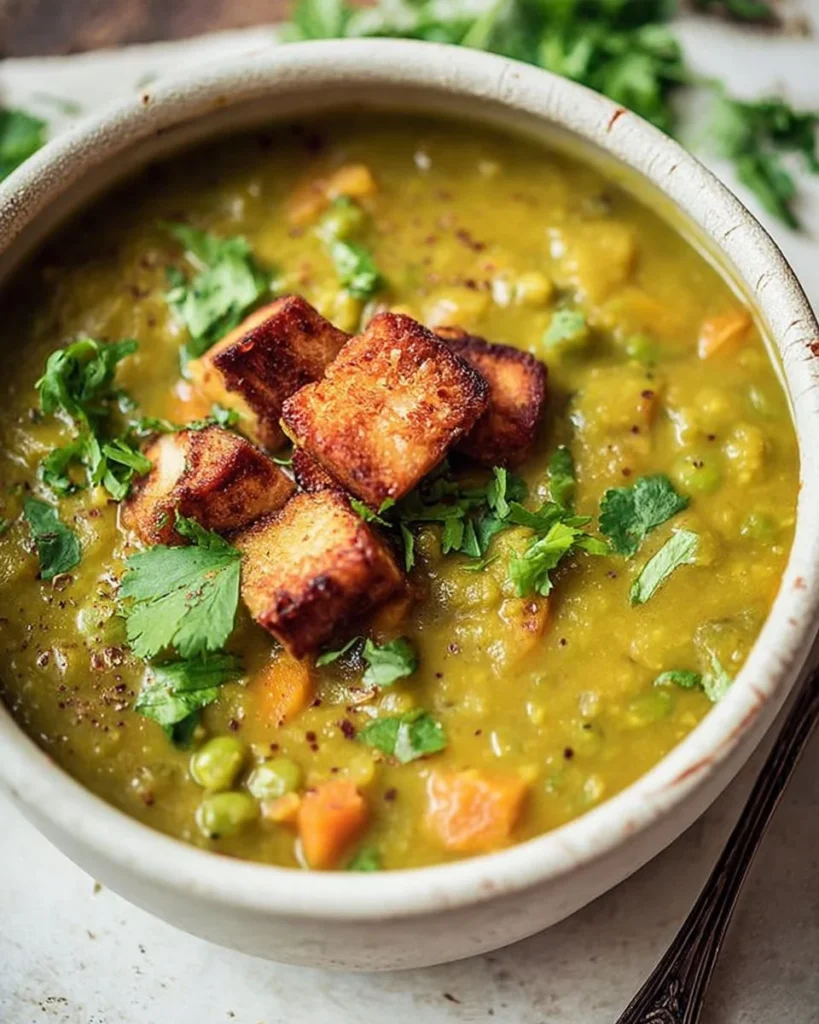 A bowl of hearty Vegan Split Pea Soup garnished with herbs.