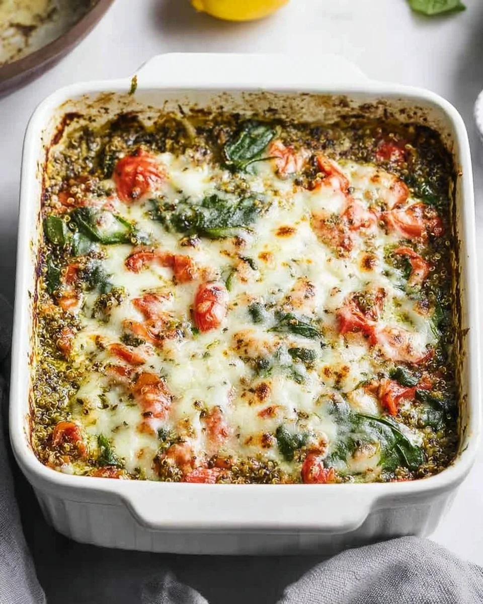 Vegetarian Quinoa-Pesto casserole baked with fresh ingredients