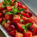 Colorful watermelon fruit salad topped with lime mint dressing in a bowl