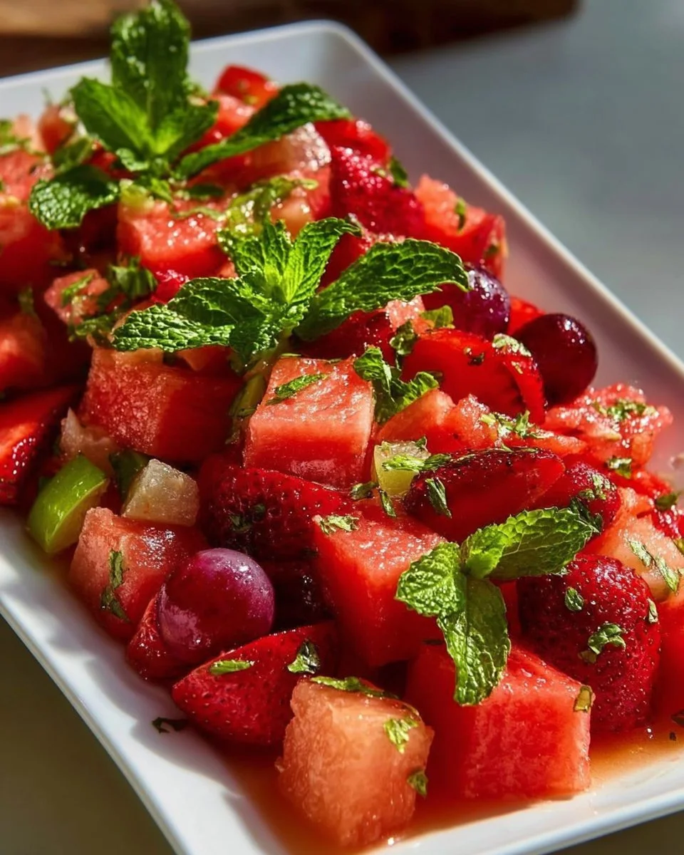 Colorful watermelon fruit salad topped with lime mint dressing in a bowl
