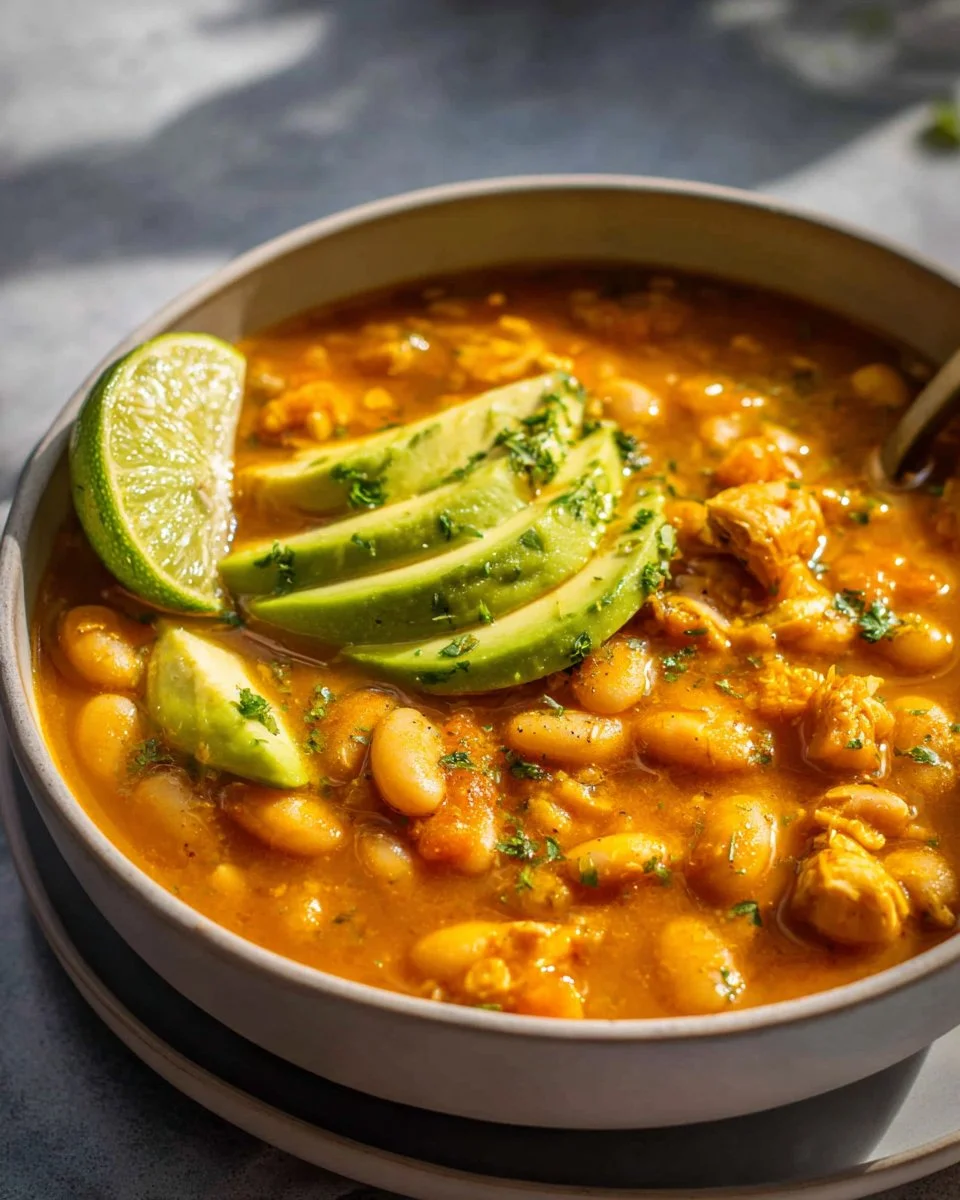 Delicious bowl of White Bean Chili topped with fresh herbs