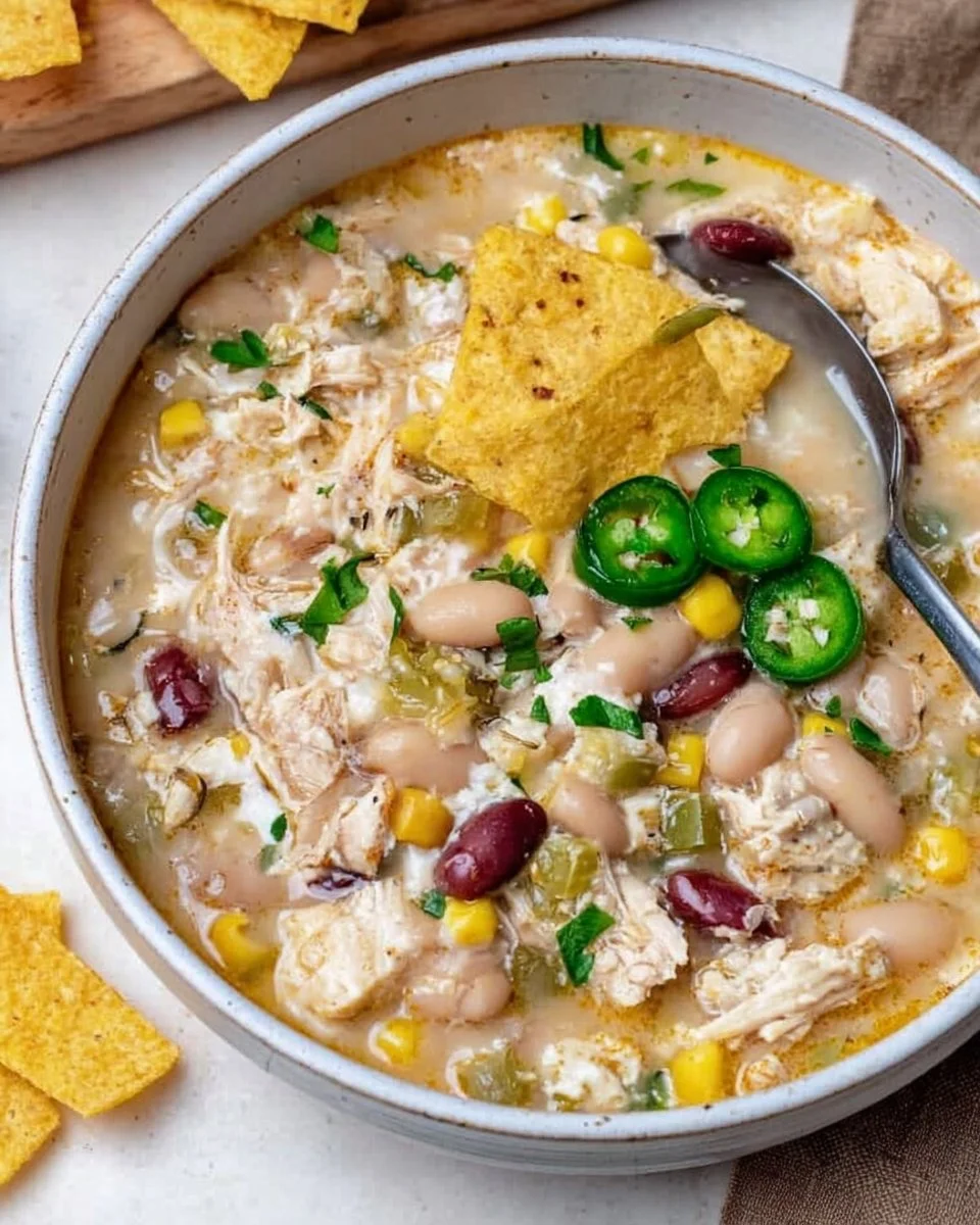 Creamy white chicken chili in a bowl, garnished with cilantro and lime