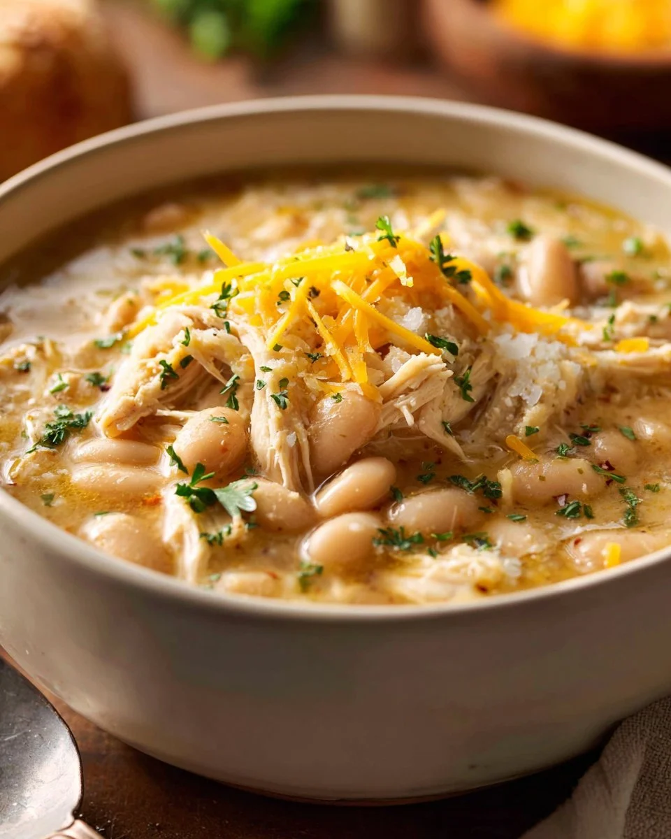 Creamy White Chicken Chili served in a bowl with toppings.