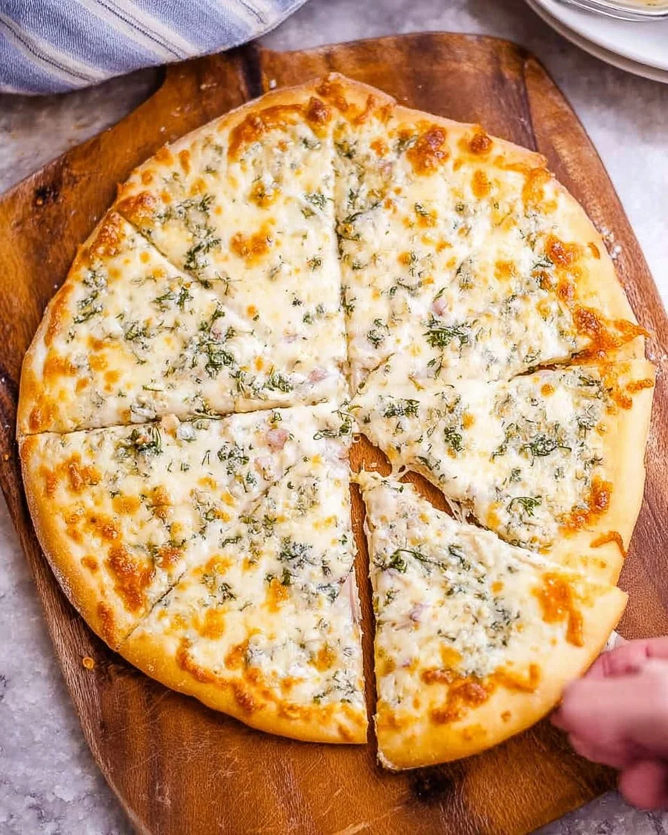 Creamy and protein-packed white pizza topped with fresh ingredients.