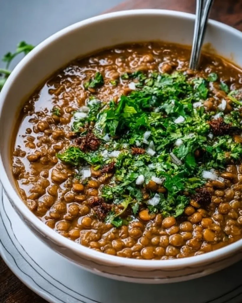 Delicious bowl of green lentil dal rich in protein and a heart-healthy meal prep option.