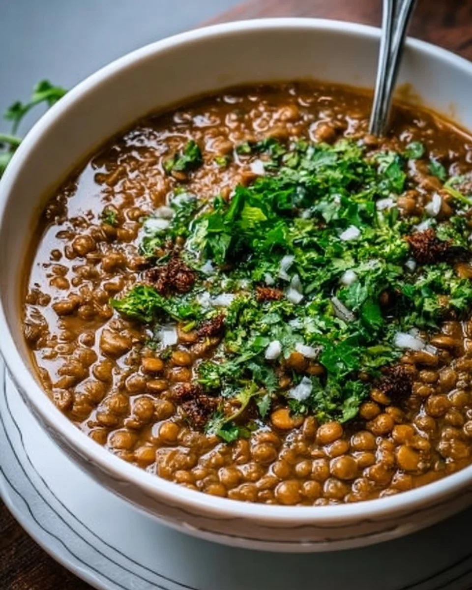 Delicious bowl of green lentil dal rich in protein and a heart-healthy meal prep option.