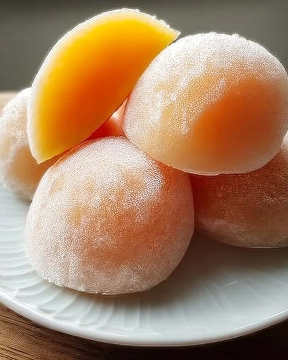 Homemade whole peach mochi served on a plate