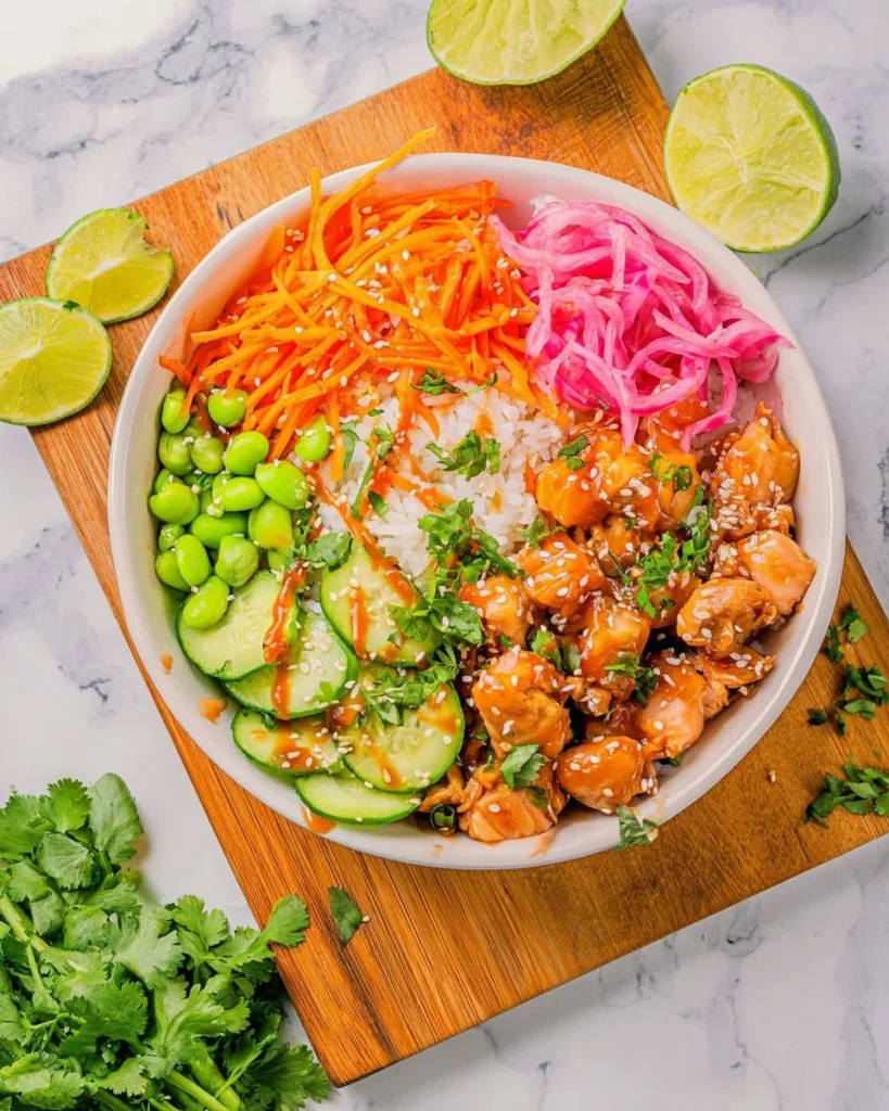 Delicious 30-minute chicken poke bowls with fresh ingredients and vibrant colors.