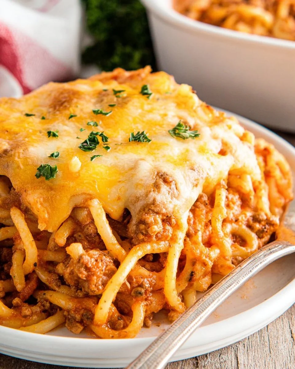 Delicious high-protein spaghetti casserole served in a baking dish