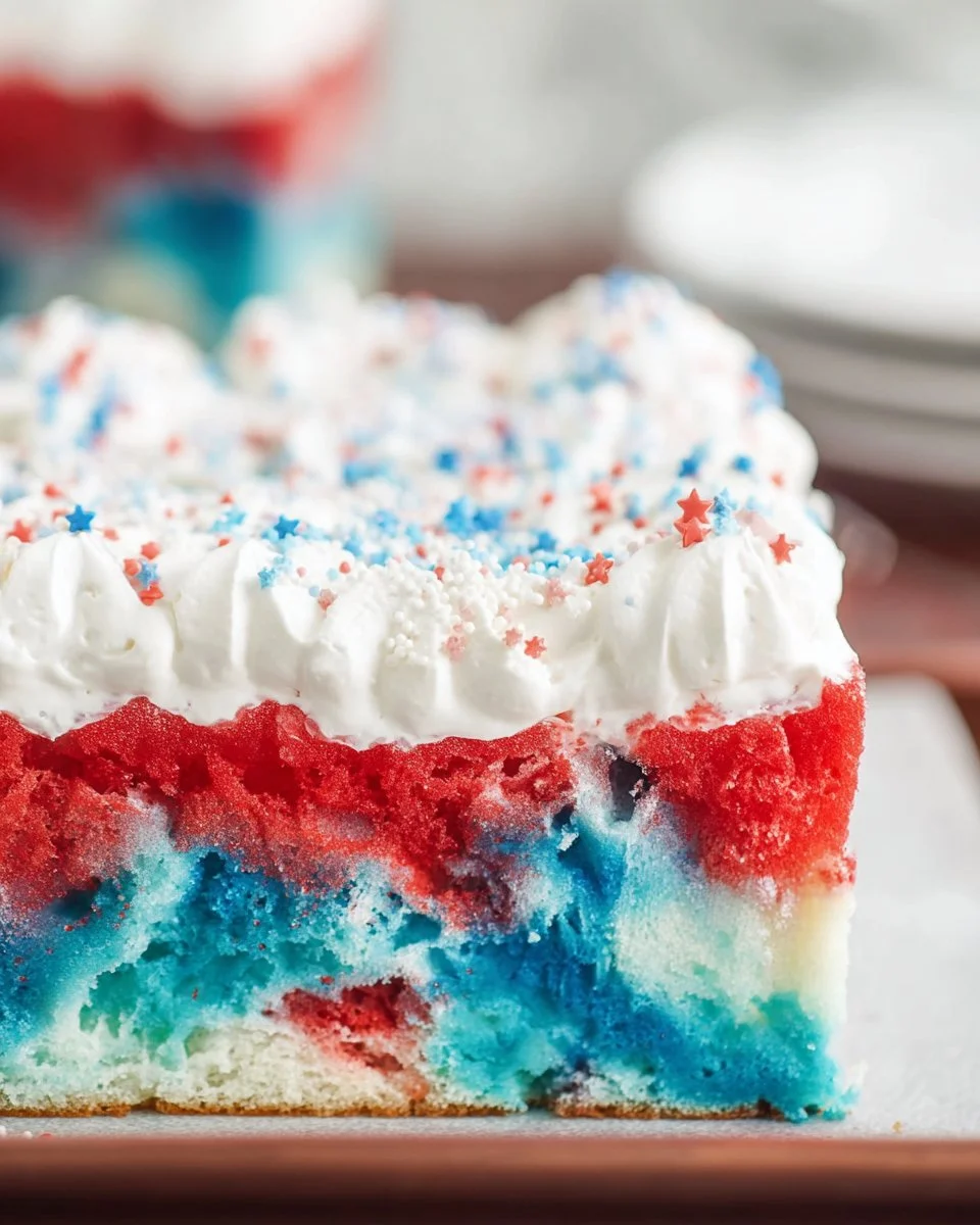 Colorful 4th of July Jello Cake topped with whipped cream and berries