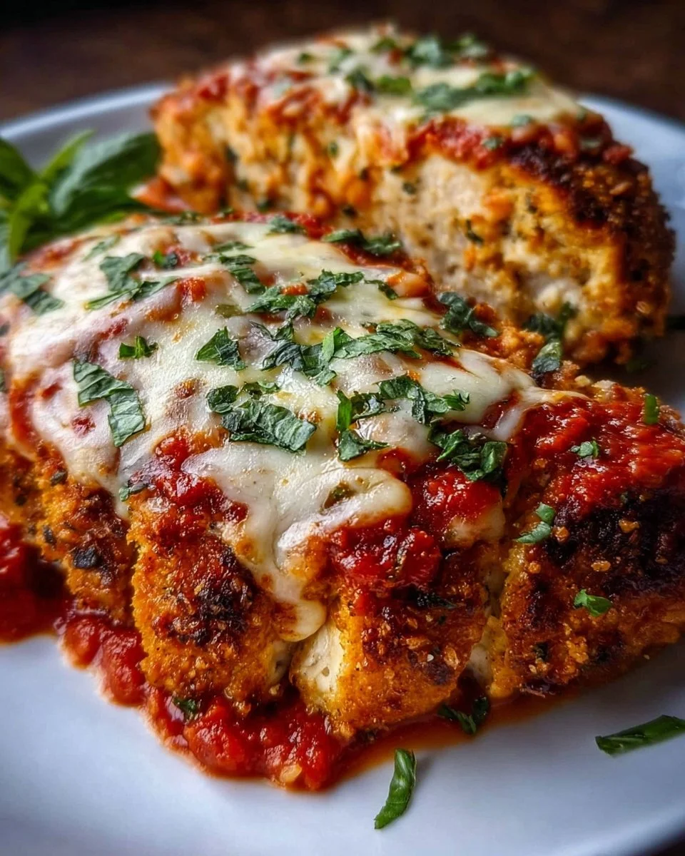 Delicious Air Fryer Chicken Parmesan served with marinara sauce and basil.