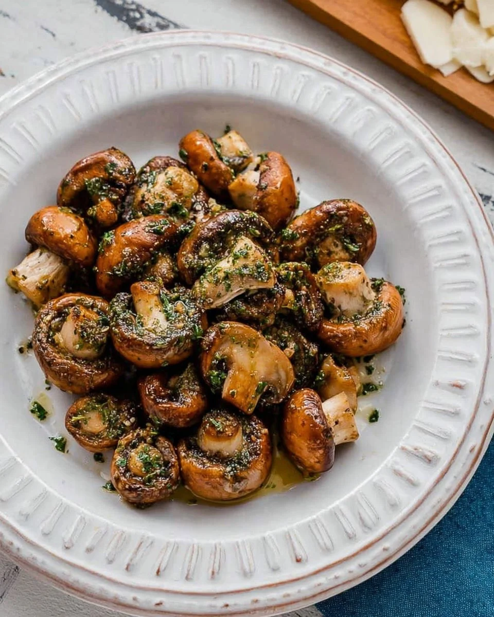 Delicious air fryer garlic mushrooms served in a bowl, garnished with herbs.