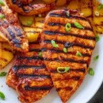 Grilled pineapple chicken served on a plate with fresh herbs and pineapple slices.