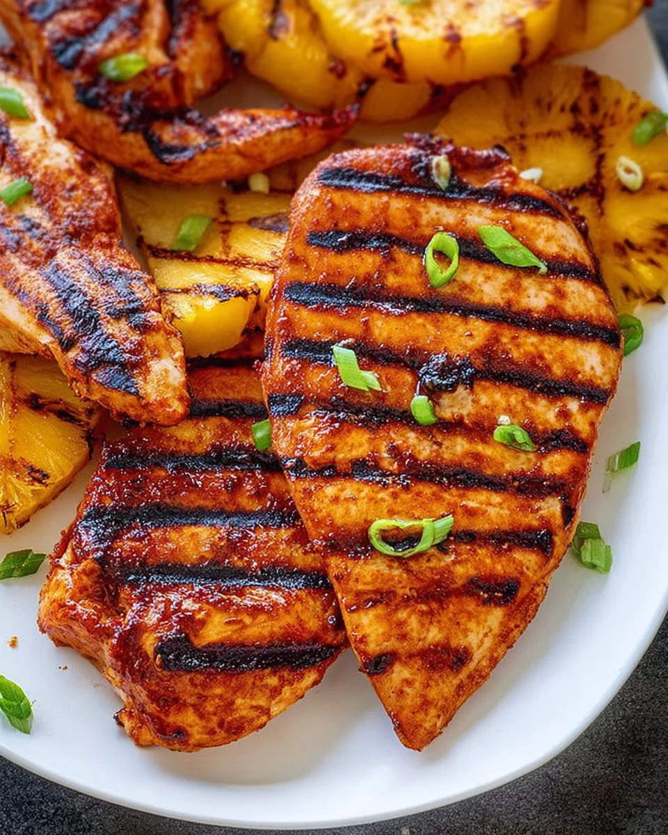 Grilled pineapple chicken served on a plate with fresh herbs and pineapple slices.