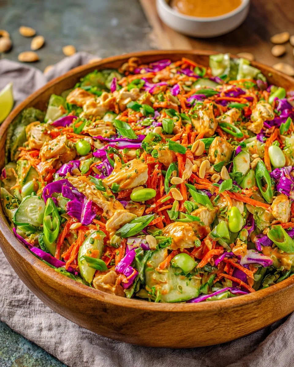 Delicious Asian Peanut Chicken Salad with fresh vegetables and peanut dressing