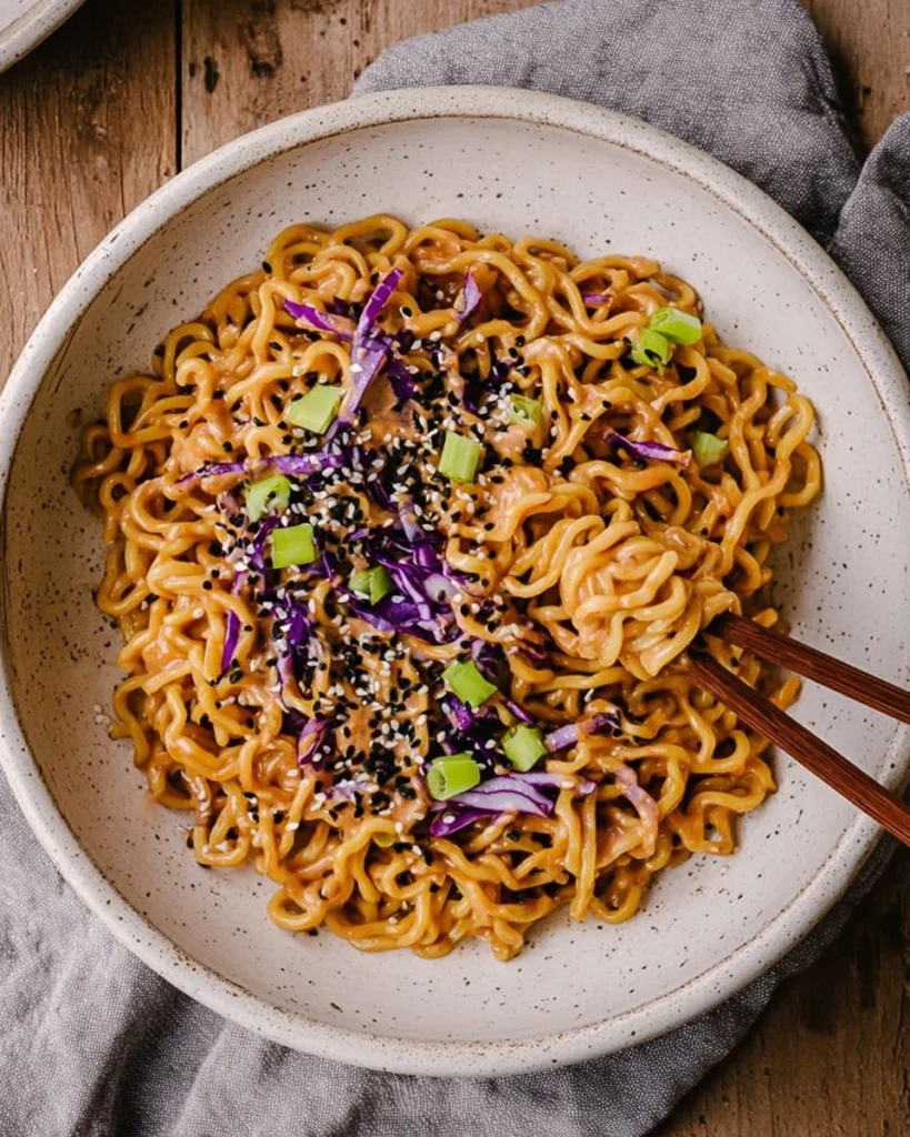Soy-free Asian peanut noodles garnished with fresh vegetables