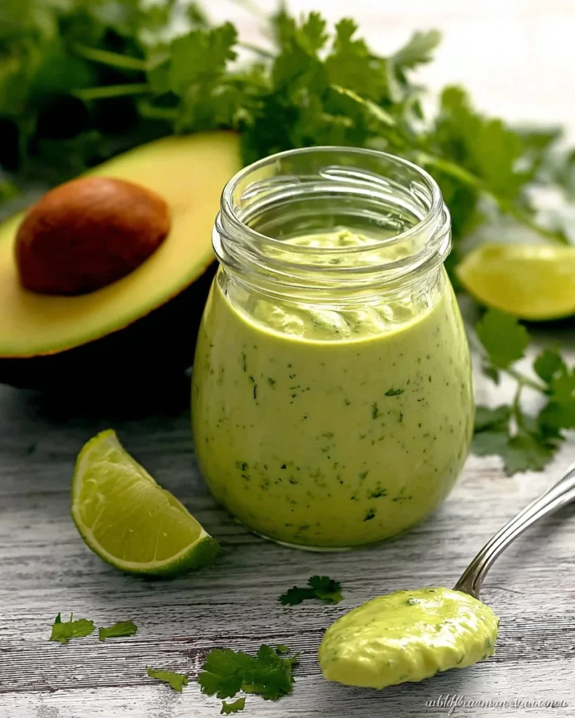 Creamy avocado cilantro lime dressing in a bowl, ideal for salads and tacos.