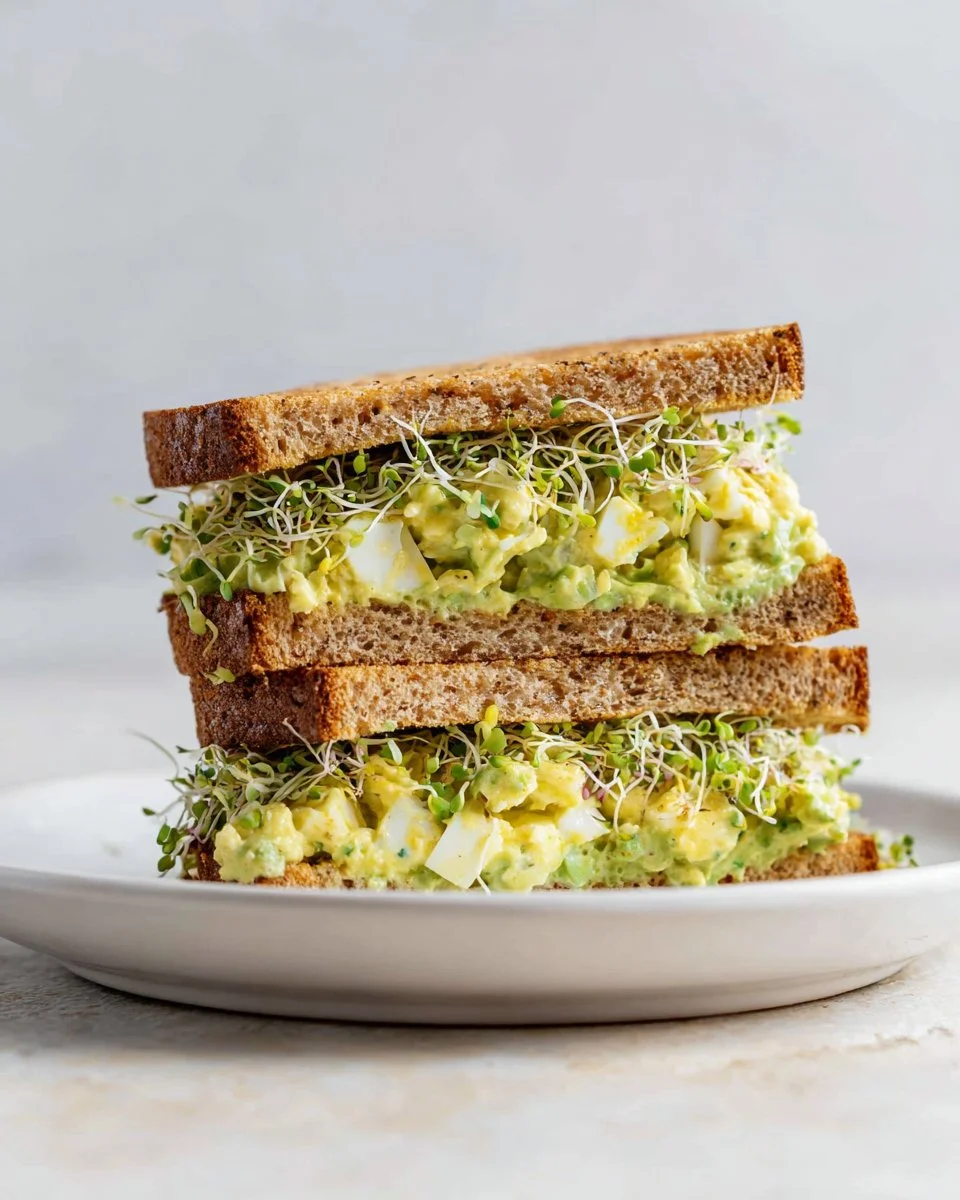 Avocado Egg Salad Sandwich on a plate with fresh ingredients