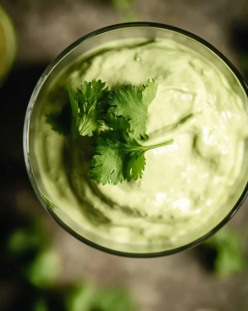 Creamy avocado lime dressing drizzled over a fresh salad.