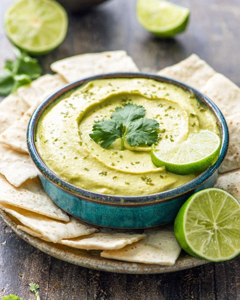 Creamy Avocado Lime Hummus in a bowl with fresh lime slices