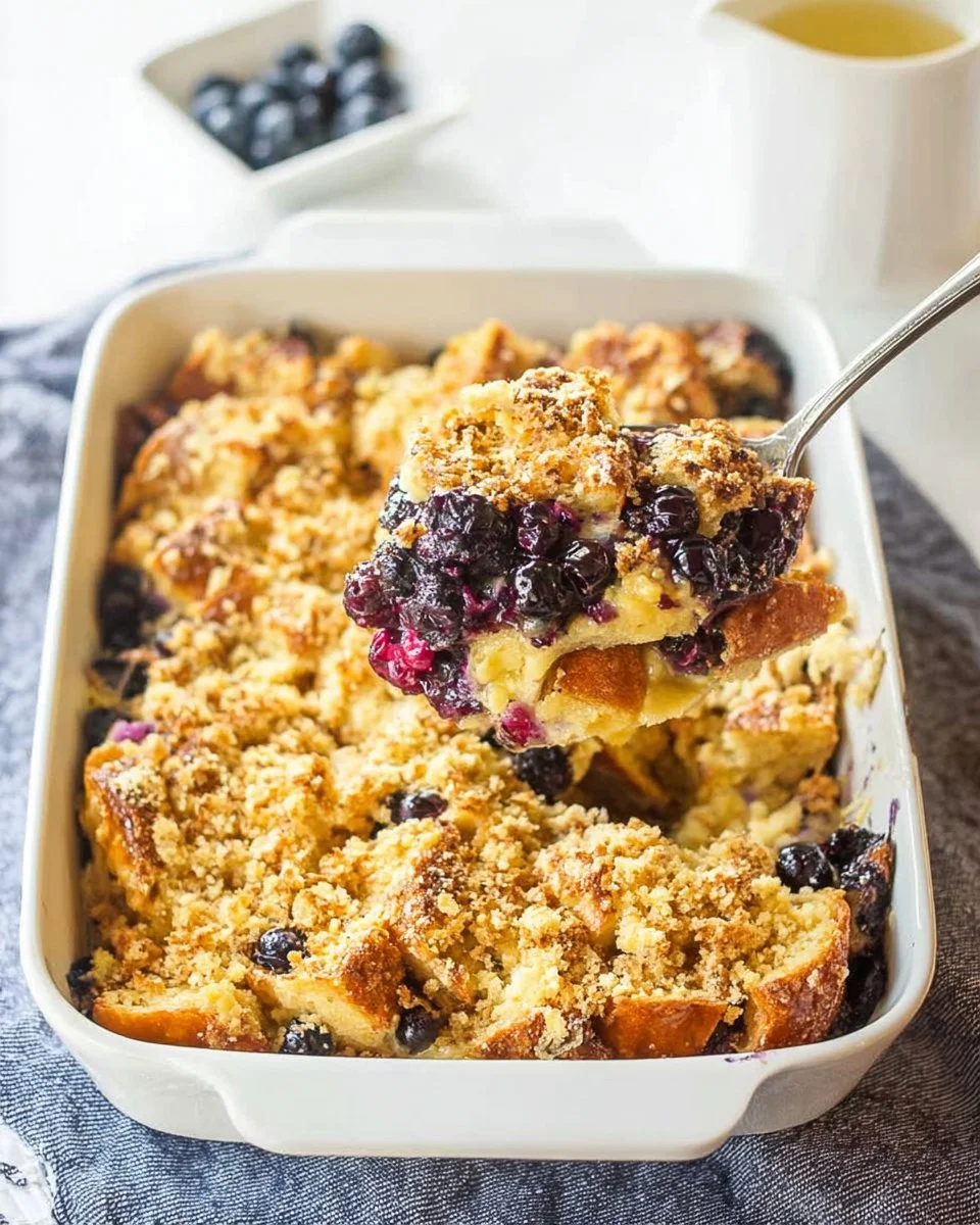 Baked blueberry French toast casserole with fresh blueberries on top