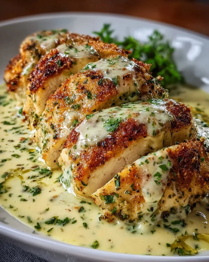 Baked Caesar Chicken with creamy Parmesan sauce on a white plate.