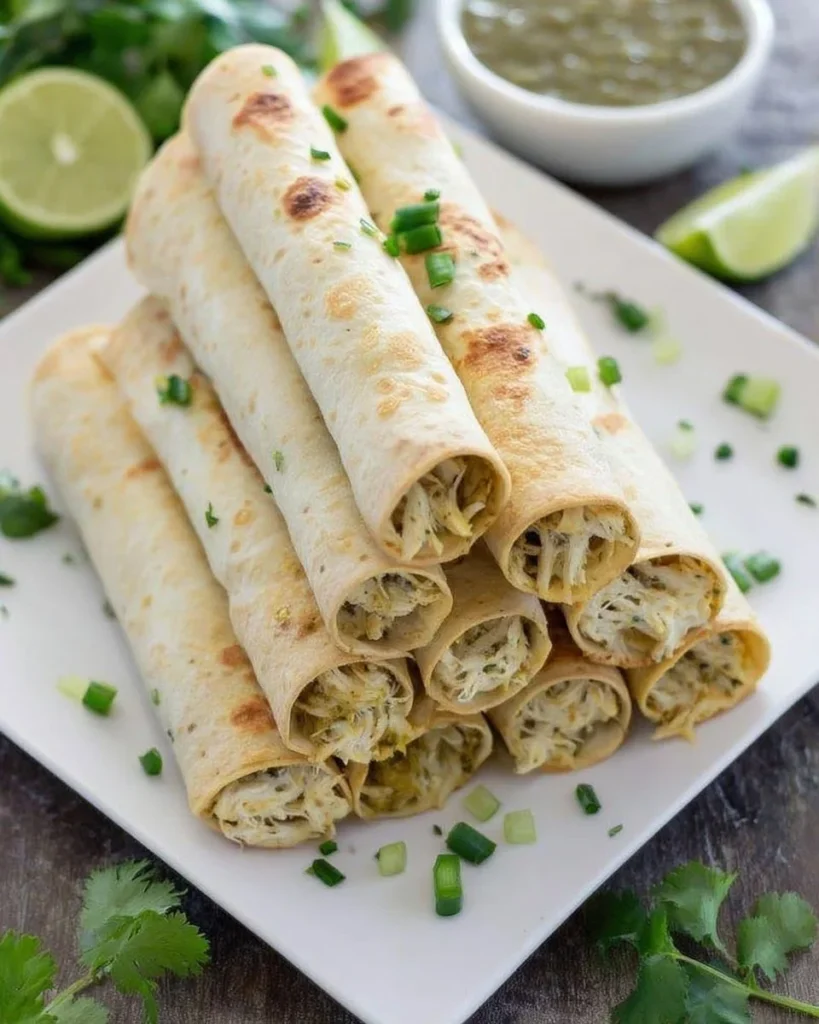 Baked green chile chicken taquitos served with dipping sauce
