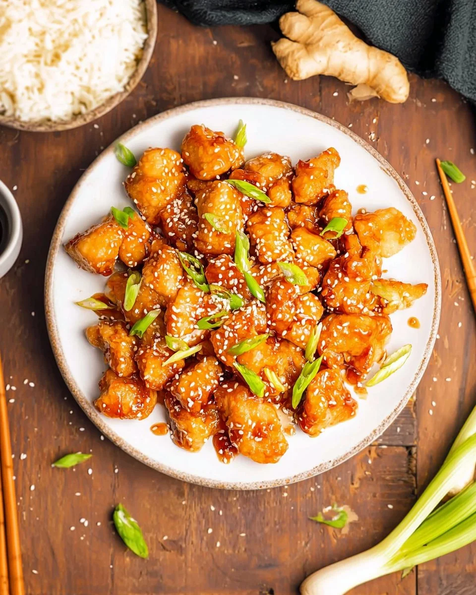 Baked honey sesame chicken with sesame seeds and colorful vegetables